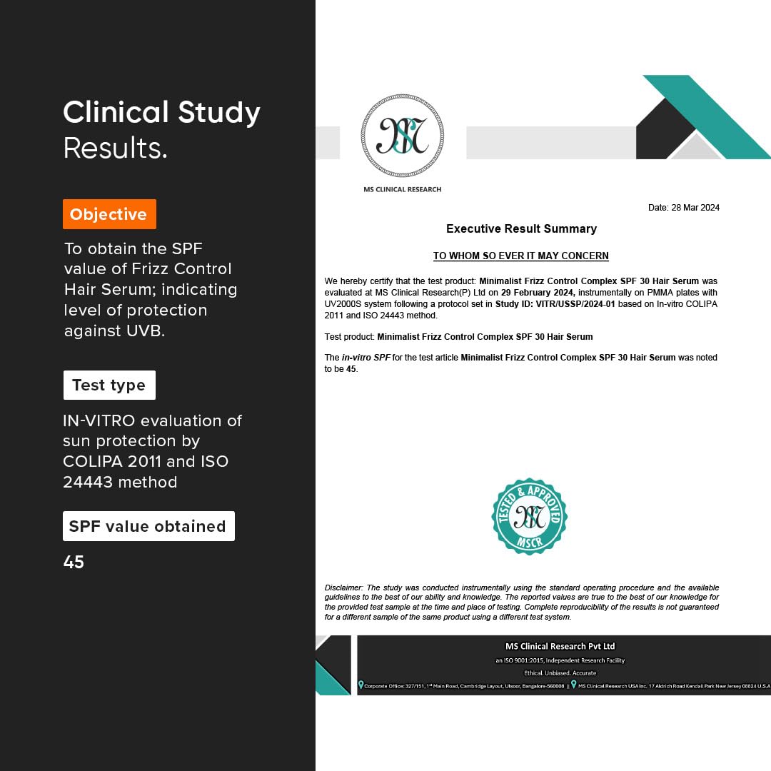 Minimalist SPF 30 Hair Serum for Frizzy Hair With Keratin, Argan Oil & Ceramides | Heat Protection, Smoothens & Protects From UV | Lightweight Leave-In for Women & Men | 50 ml