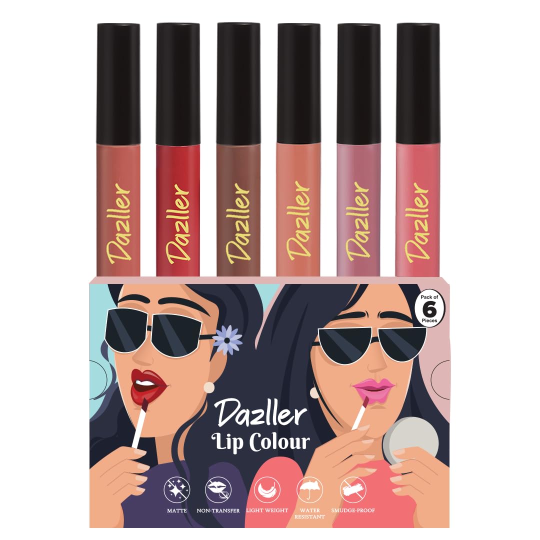 Dazller Lip Colour Lipstick Combo Pack of 6|Vibrant Matte Liquid Lipstick for Women|Long Stay|Smudge-Proof|Non-Transfer|Spicy Nudes|21.6g