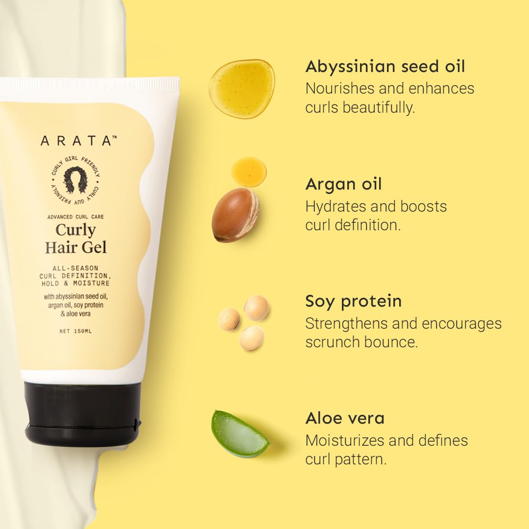 Arata Curl Gel For Frizzy, Wavy, Curly Hair | Natural Long-Lasting Hold & Definition | Tames Frizz | Aloe Vera, Abyssinian Seed Oil, Argan oil & Soy Protein | No Sulphate,Paraben,Silicone | 150ml x 1