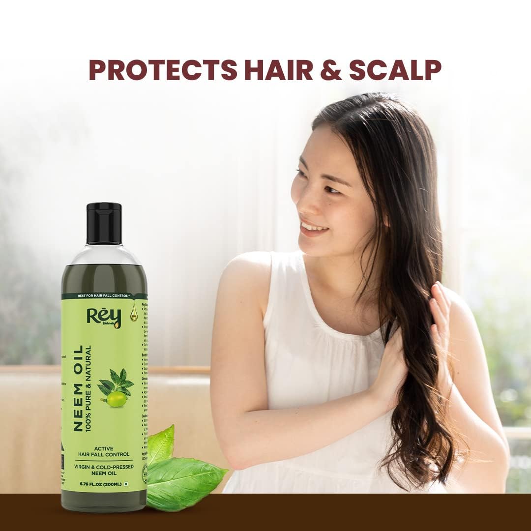 Rey Naturals Pure Neem Oil For Skin & hair | Neem Oil for Hair Growth, Dandruff Relief, Scalp Infection & Healthy Hair | Body Massage Oil For Men And Women - 200ML pack of 2