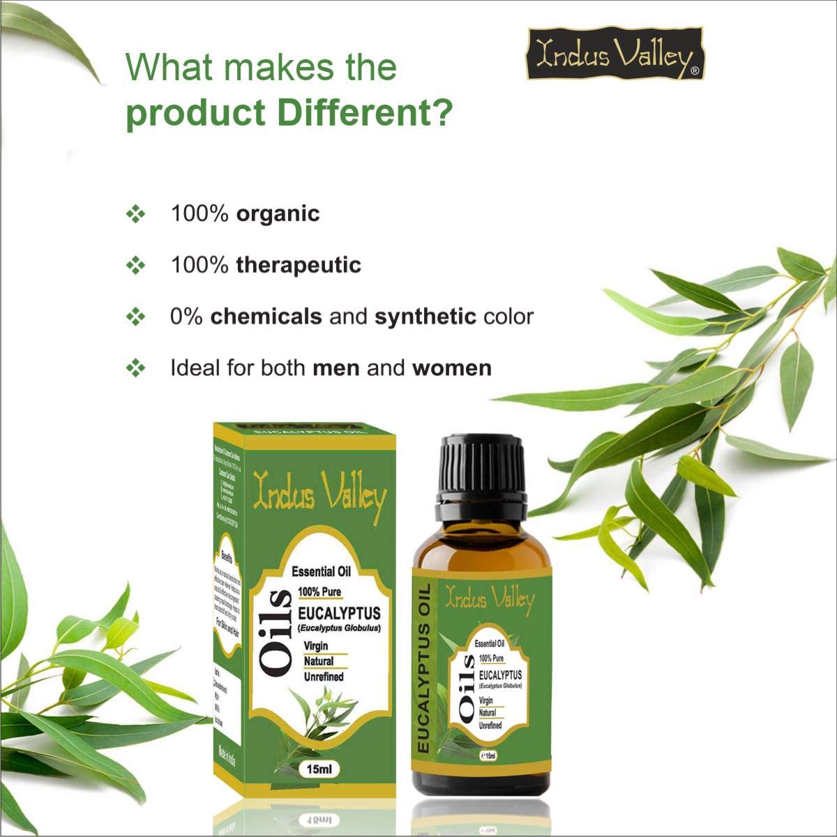 Indus Valley 100% Pure Natural & Organic, Undiluted Eucalyptus Essential Oil with Glass Dropper for Skin, Hair Care -15ml