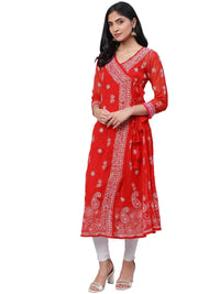 Ada Handcrafted Lucknowi Chikan Women's  Georgette Angrakha Kurti Kurta with Slip A100593