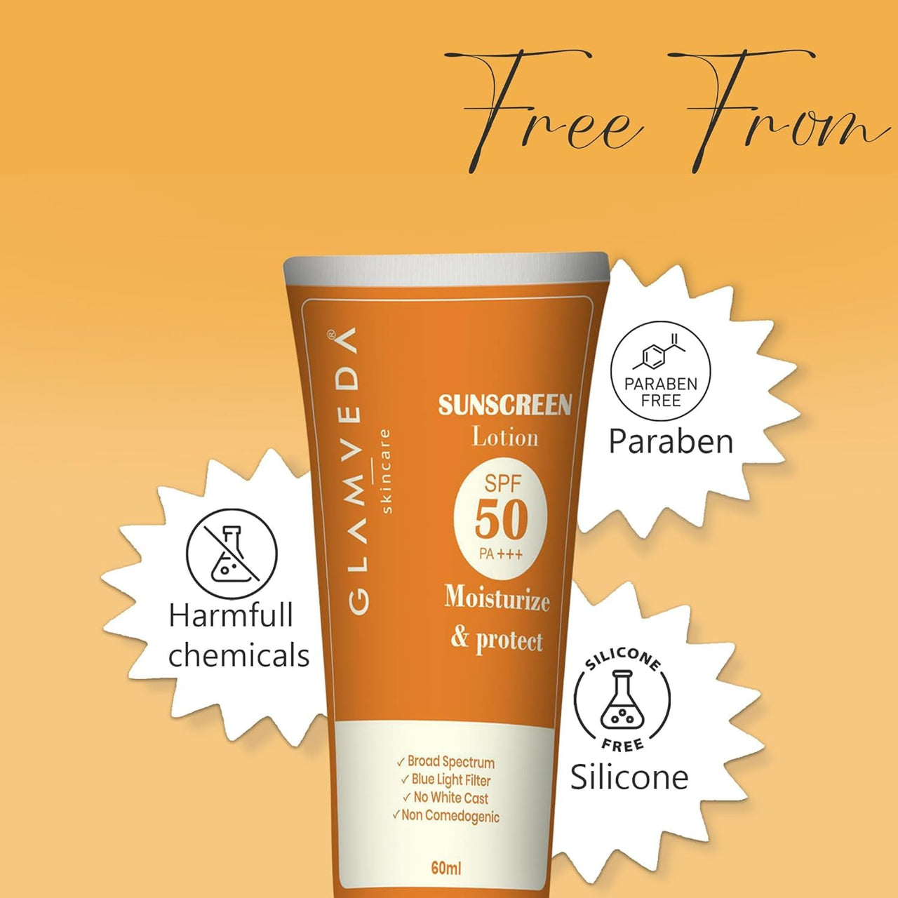 Glamveda Hybrid Sunscreen Lotion Spf 50 PA+++ for Moisturize & Protect | Transparent & Ultra-lightweight Sunscreen | Non-Greasy, Quick-Absorbing | Zero White Cast | For Women & Men | 60ml