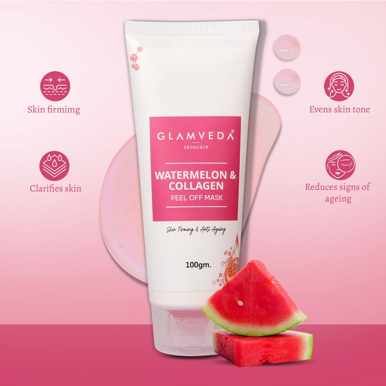Glamveda Watermelon & Collagen Peel Firming & Anti Aging Off Mask For Women | Reduces Signs of ageing | Gives radiant glow | No Paraben, SLS | 100gm