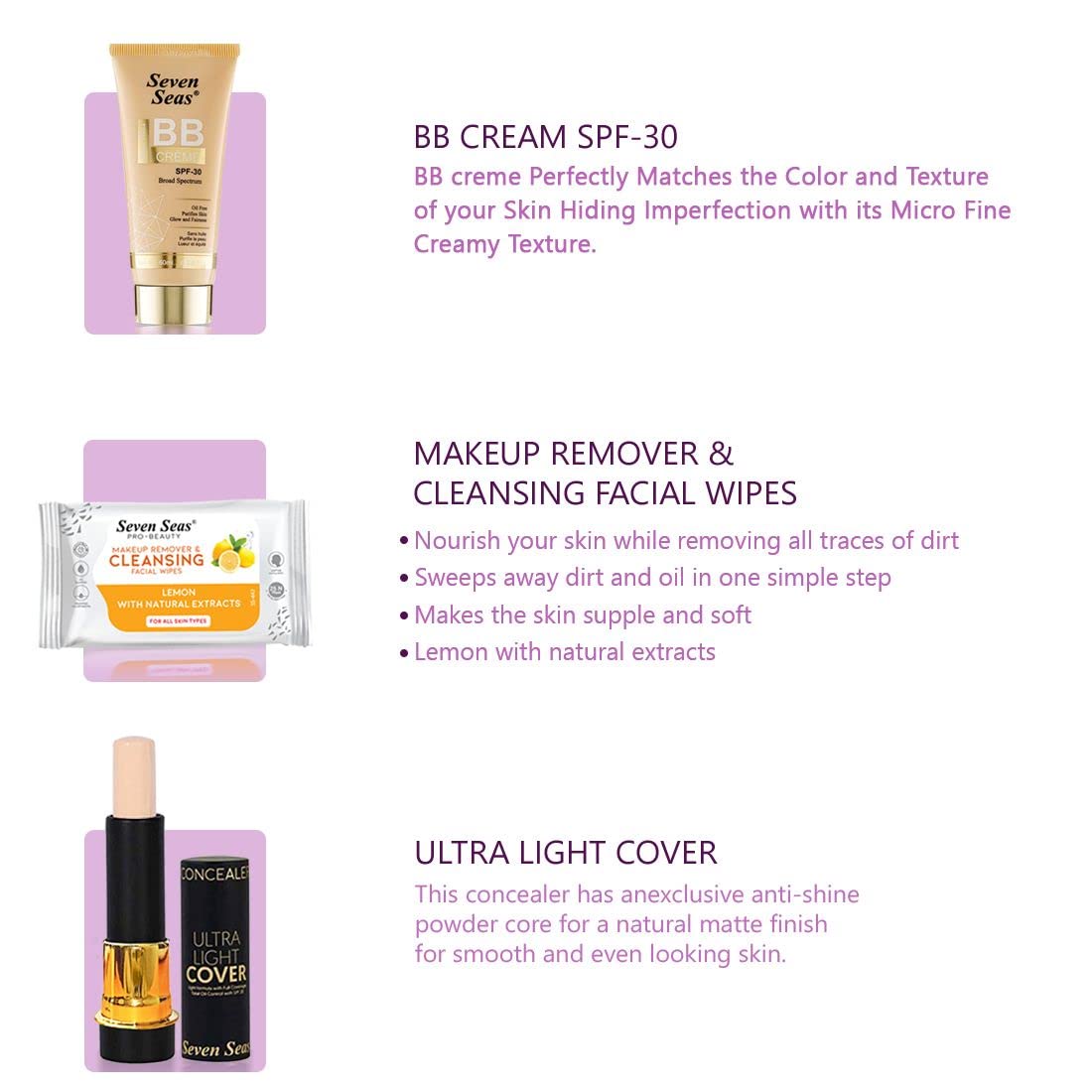 Seven Seas Light weight, BB Tube Board Spectrum Foundation, Face Primer, Liquid Lipstick, Oil Concealer, Kajal, Makeup Remover with | Full Coverage | face makeup (Combo set) (Women) (Skin)