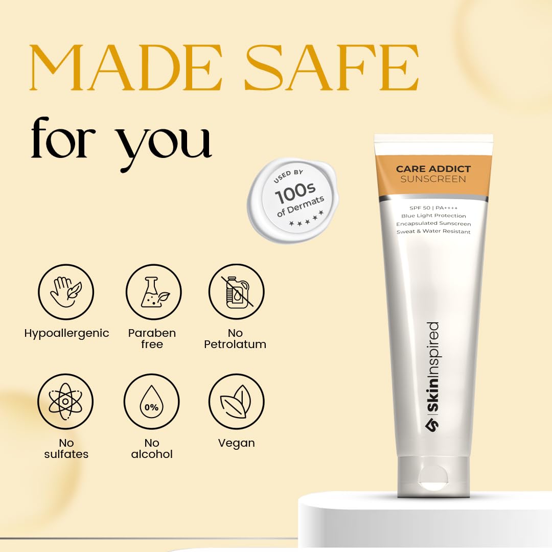 Care Addict Encapsulated Sunscreen SPF 50 For Dry Skin With Pa++++ | Broad Spectrum UV A, UV B & Blue Light Protection | Contains Ceramides & Hyaluronic Acid | No White Cast | For All Skin Type | 50G