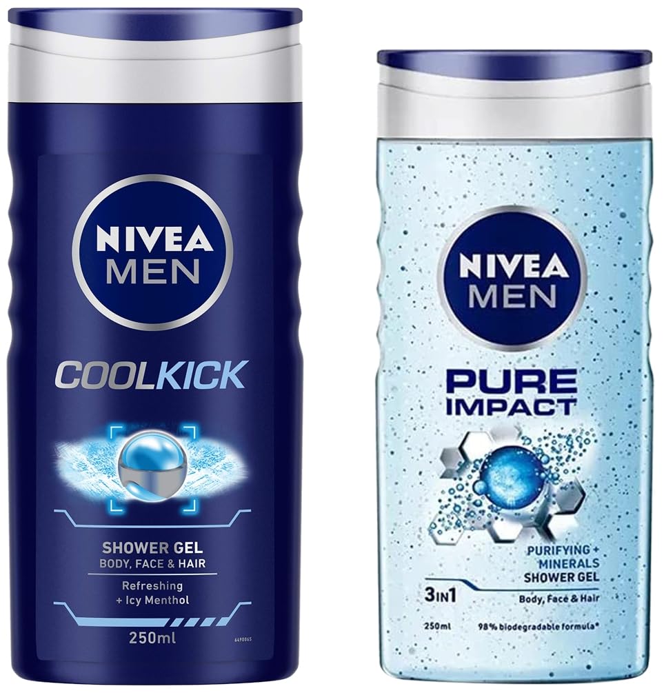 Nivea Men Shower Gel, Pure Impact Body Wash, 250ml & Men Shower Gel, Cool Kick Body Wash, 250ml