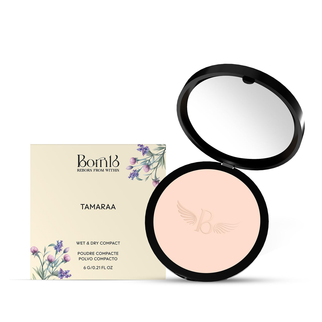 Born16 Tamaraa Wet & Dry Compact Powder – Snow Princess | Dual Wet-Creamy & Dry-Matte Finish | High Coverage, Waterproof, Smudge-Proof, Vegan | 24-Hour Stay, 6g