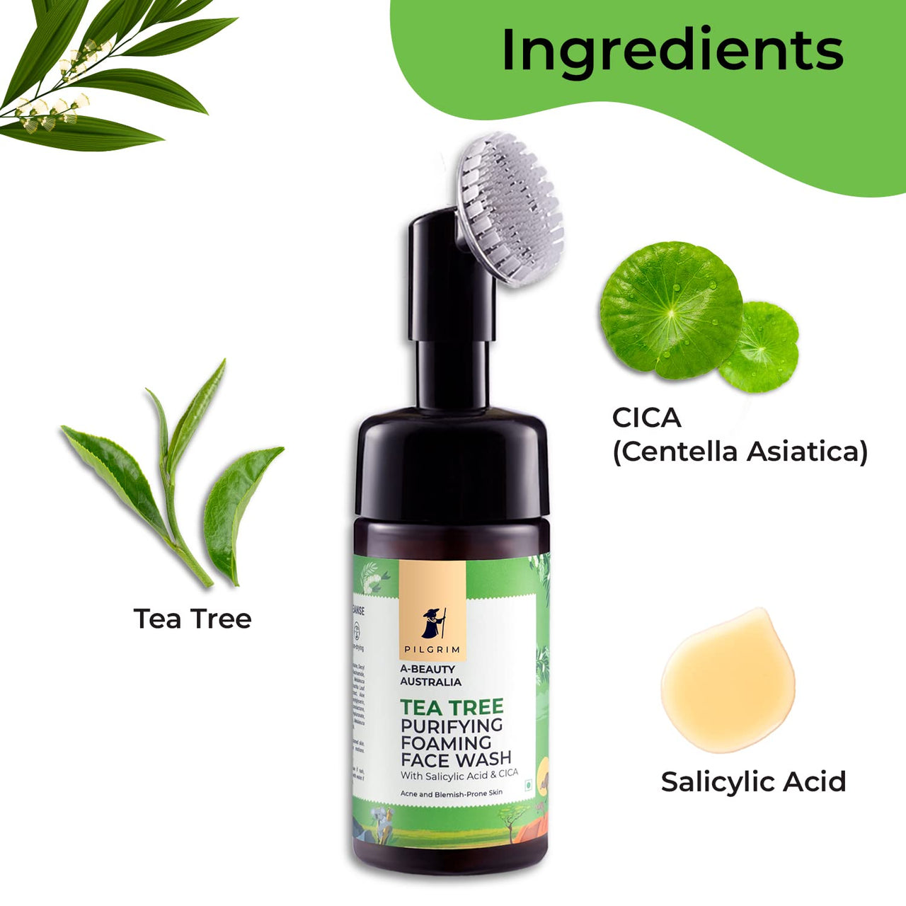 Pilgrim Tea Tree Clear Skin Combo | Tea Tree & 1% Salicylic acid Foaming Face wash with brush 120ml, Tea Tree & 2% Niacinamide toner 100ml | For Deep Cleanse & Tighten Pores | for Women & Men