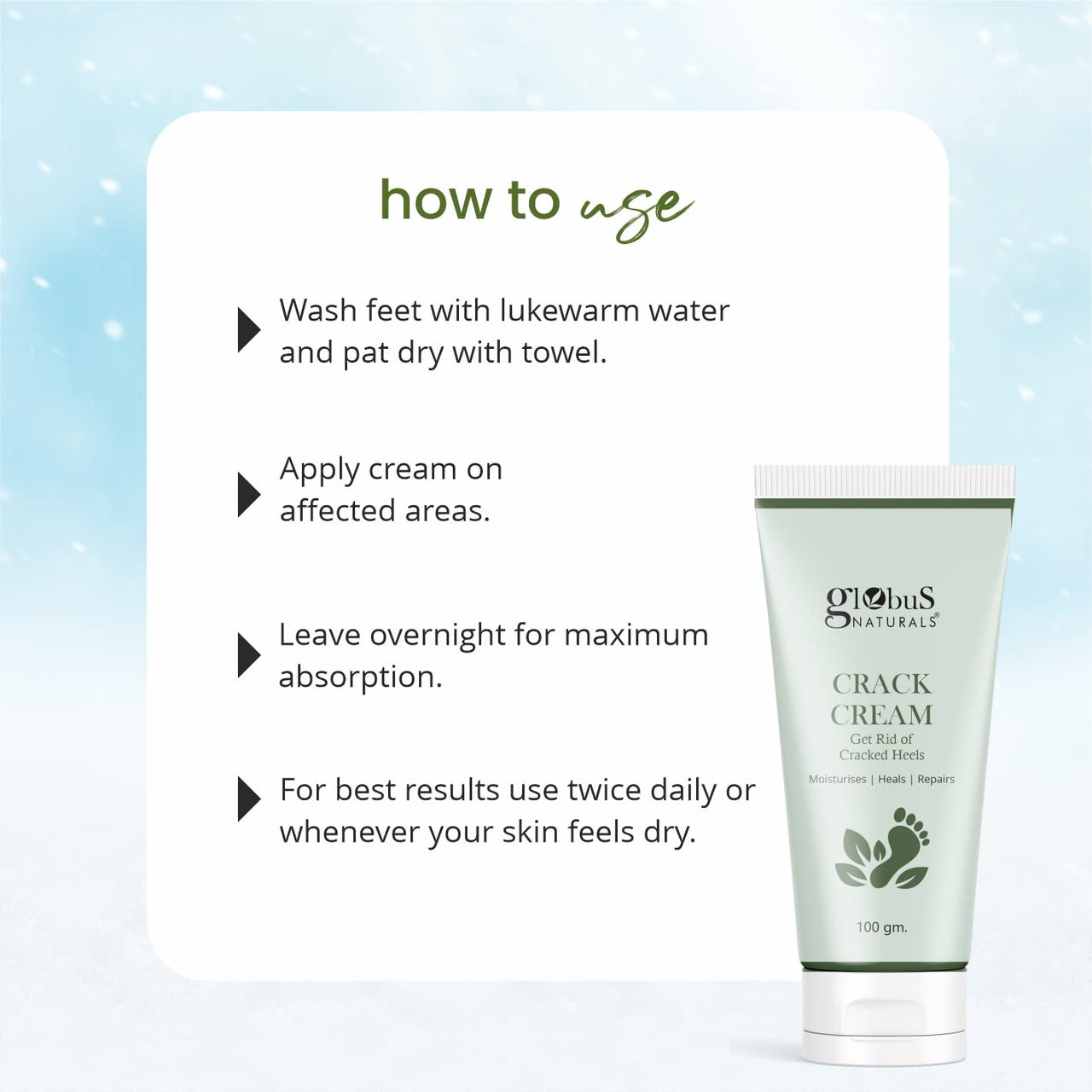 Globus Naturals Crack Cream for Dry Cracked Heels & Feet Enriched with Aloe Vera, Almond & Anantmool, Suitable For All Skin Types, 100g (pack of 1)