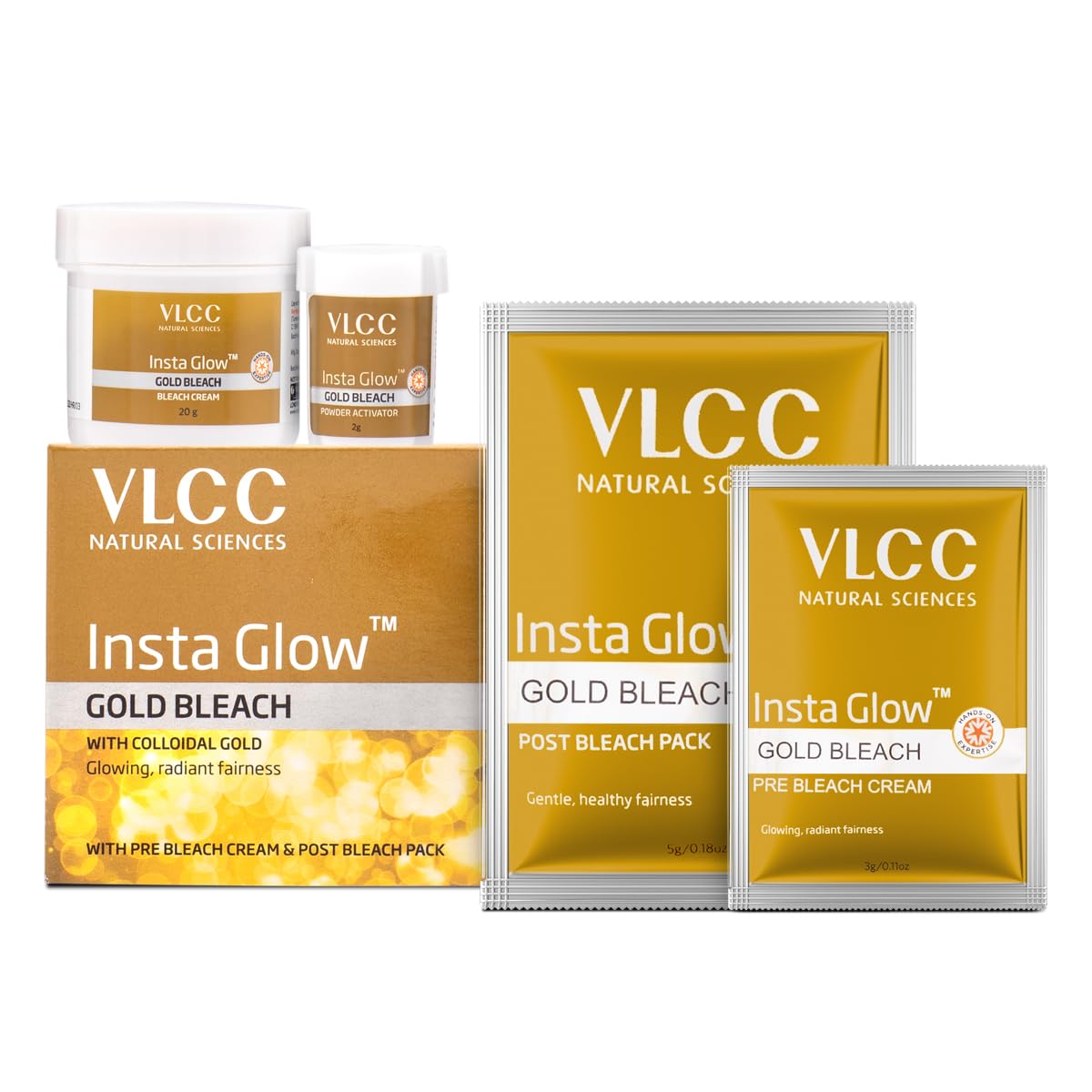 VLCC Insta Glow Gold Bleach - 30g X 4 (Pack of 4) - With Colloidal Glow For Glowing Fairness | Skin Brightening Bleach | Perfect Skin Match, Reduces Facial Hair Visibility, Brightens Complexion