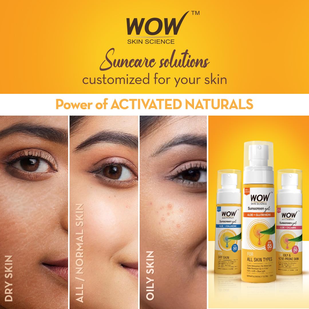 WOW Skin Science Sunscreen Gel For All Skin Types | SPF 55 PA++++ | With Glutathione & Aloe Vera Extract | Lightweight | Quick Absorbing | No White Cast | UVA & UVB Protection | 100 ml