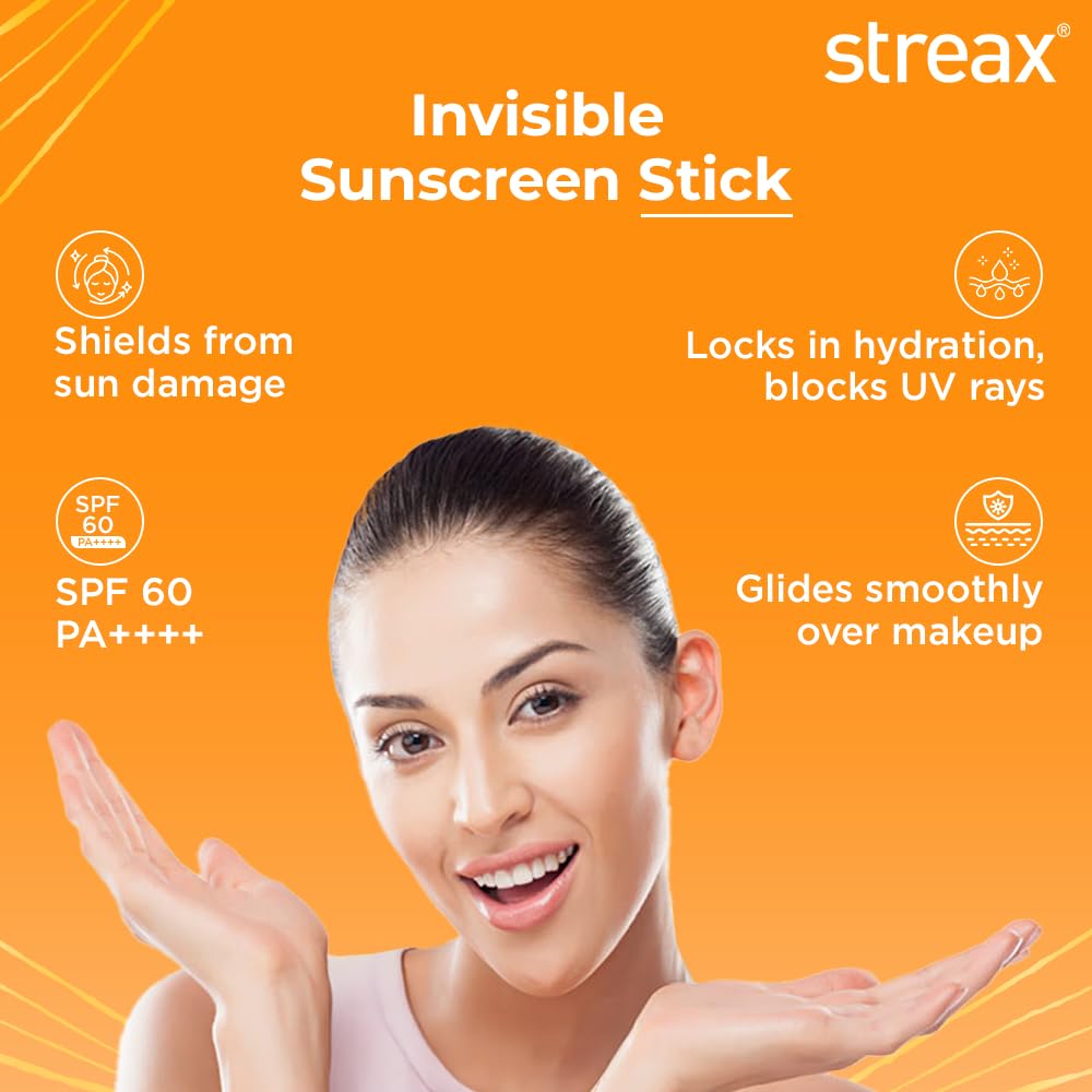 Streax Sunscreen Stick SPF 60 PA++++,20 g|Broad-Spectrum UV Care|Hyaluronic Acid & Ceramides Serum complex |Non-Greasy & No White Cast|Travel-Friendly & Fuss-Free Application