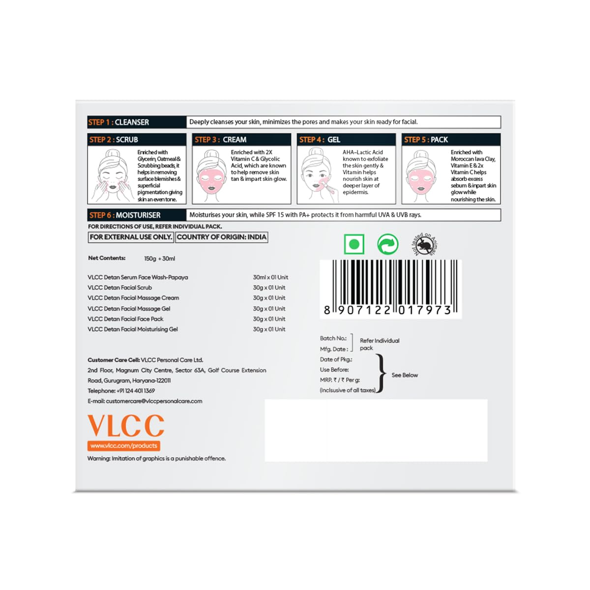 VLCC De-Tan Facial Kit - 180g (150g+30ml) | For Tan Removal | Hydrates, Helps Removes Dark Spots, Pigmentation, Pores, Blackheads & Whiteheads | With SPF 15+ Moisturizer