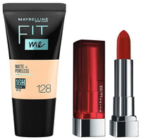 Maybelline New York Matte Lipstick, 677 Noho Amber, 3.9gm & Maybelline New York Liquid Foundation, Matte & Poreless, Full Coverage Blendable Normal to Oily Skin, Fit Me, 128 Warm Nude, 18 ml