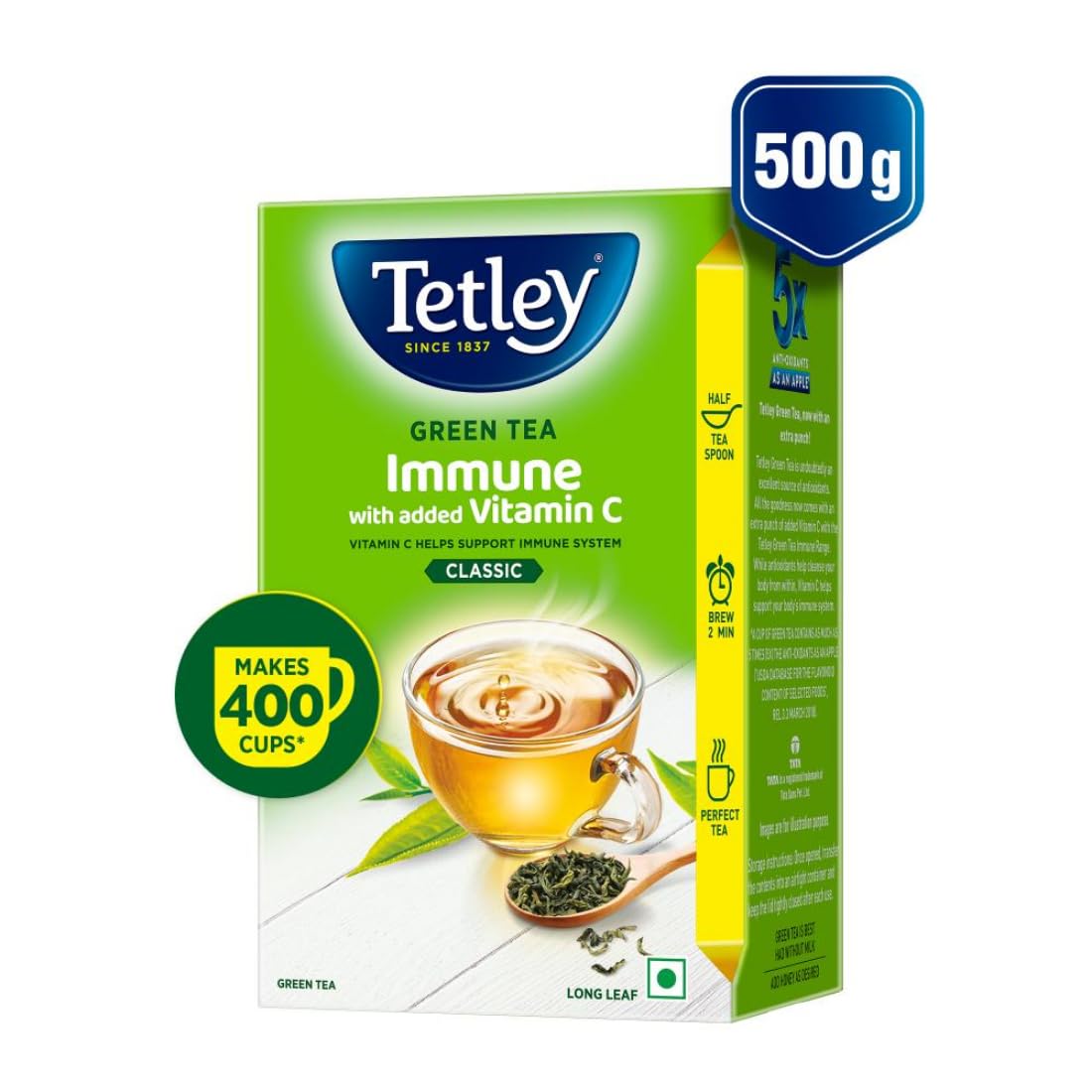 Tetley Loose Green Tea Leaves 500g, Classic Flavour, Immune With Added Vitamin C, Makes 400 Cups, Long Leaf Tea, 5X Antioxidants As An Apple