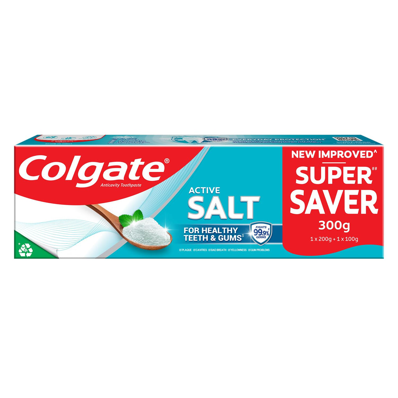 Colgate Active Salt Toothpaste, Daily Germ Protection, Combo Pack of 200g+100g, Toothpaste with Salt and Mint, Healthy Gums & Teeth, Tooth paste that Fights Germs & Provides Fresh Breath