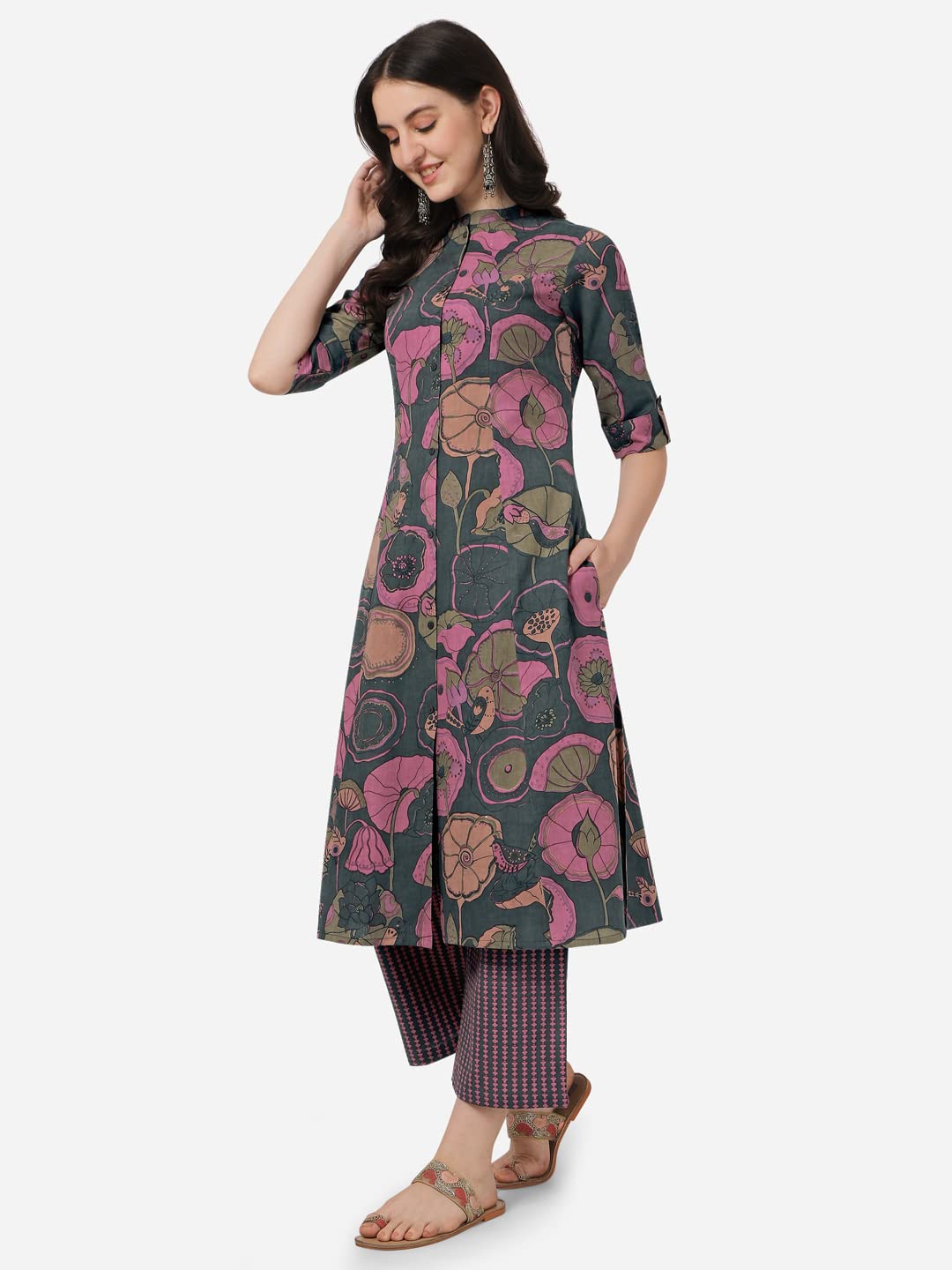 MIRCHI FASHION Women's  Cotton Bagru Printed A-Line Kurta Set with Plazzo Pant L Grey, Pink