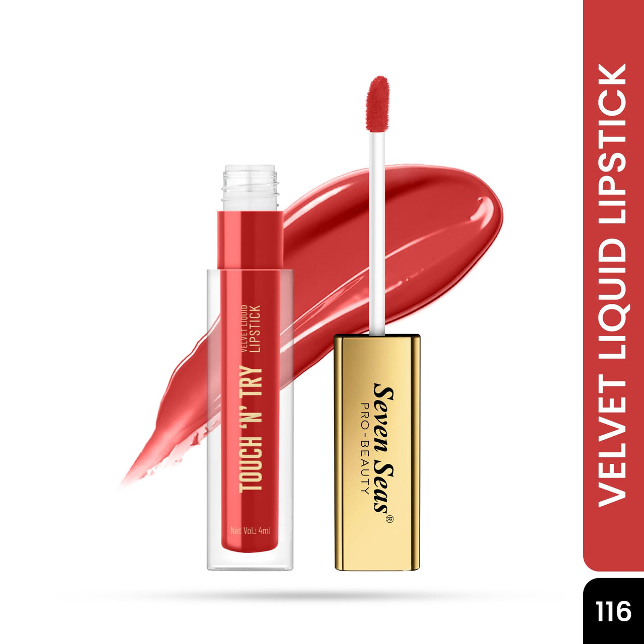 Seven Seas Touch N Try Velvet Liquid Lipstick | Matte Finish | One Swipe Application | Non Transfer | Water Proof | Liquid Lipstick for Women | Long Lasting Stay Up to 8 Hours (16, 4ML)