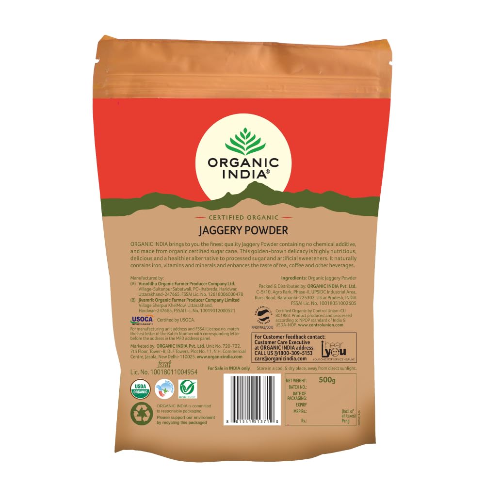 A TATA Product - Organic India Jaggery Powder - 500g, Pure & Natural, No Chemical Additives, Rich in Vitamins & Minerals, A Healthy Sugar Substitute