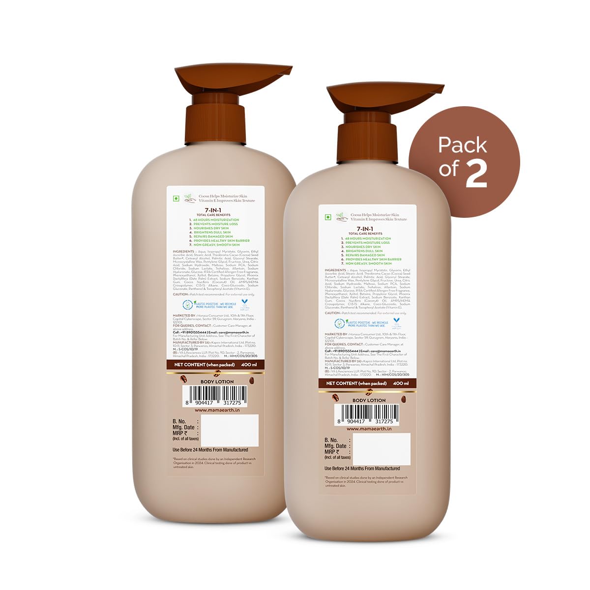 Mamaearth Cocoa Rich Moisturizing Body Lotion with Cocoa Butter & VitaminE for Deep 48H Moisturization | For Very Dry Skin | 7 in 1 Total Care Benefits | 100% Natural Butter | Non-Greasy Smooth Skin | 400 ml (Pack of 2)