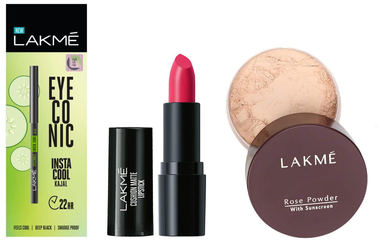 Lakmé Cushion Matte Lipstick & Eyeconic Insta Cool Kajal, Black & Lakmé Rose Loose Face Powder, Matte Finish, 40G