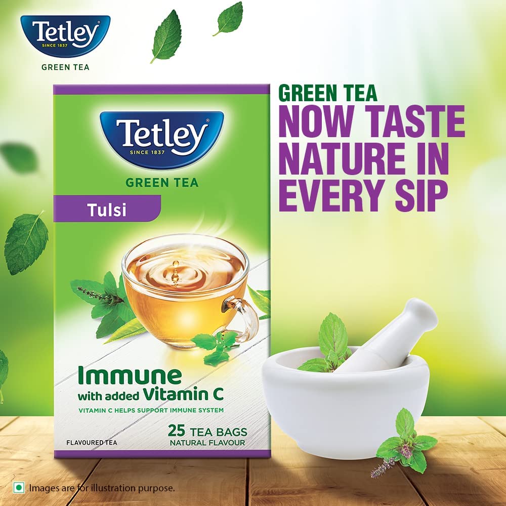 Tetley | Green Tea With Tulsi | Immune With Added Vitamin C | 25 Tea Bags, 30 Grams