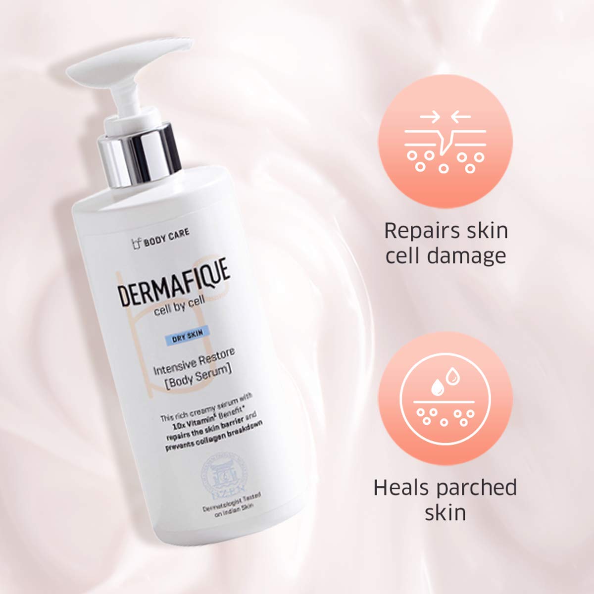 Dermafique Intensive Restore Body Lotion Serum with Vitamin E – 300ml, Body Lotion for Dry Skin, Suitable for Summer, with 10x Vitamin E Benefits & Deep Hydration, Moisturizer for Body | Dermatologist Tested