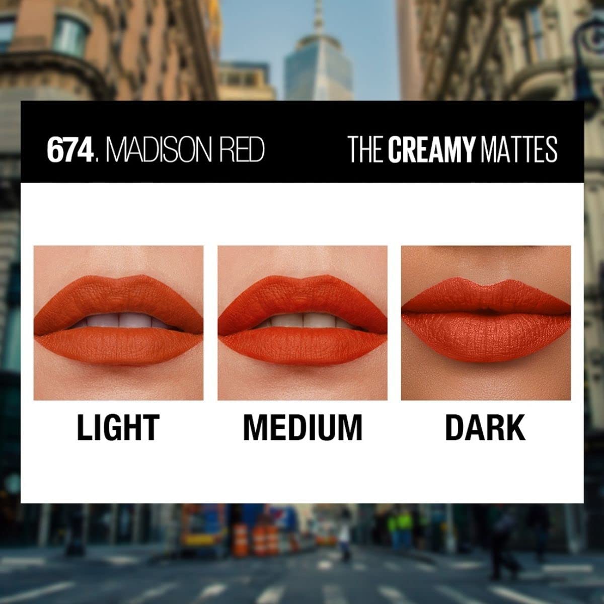 Maybelline New York Matte Lipstick, Intense Colour, Moisturised Lips, Color Sensational Creamy Matte, 674 Madison Red, 3.9g