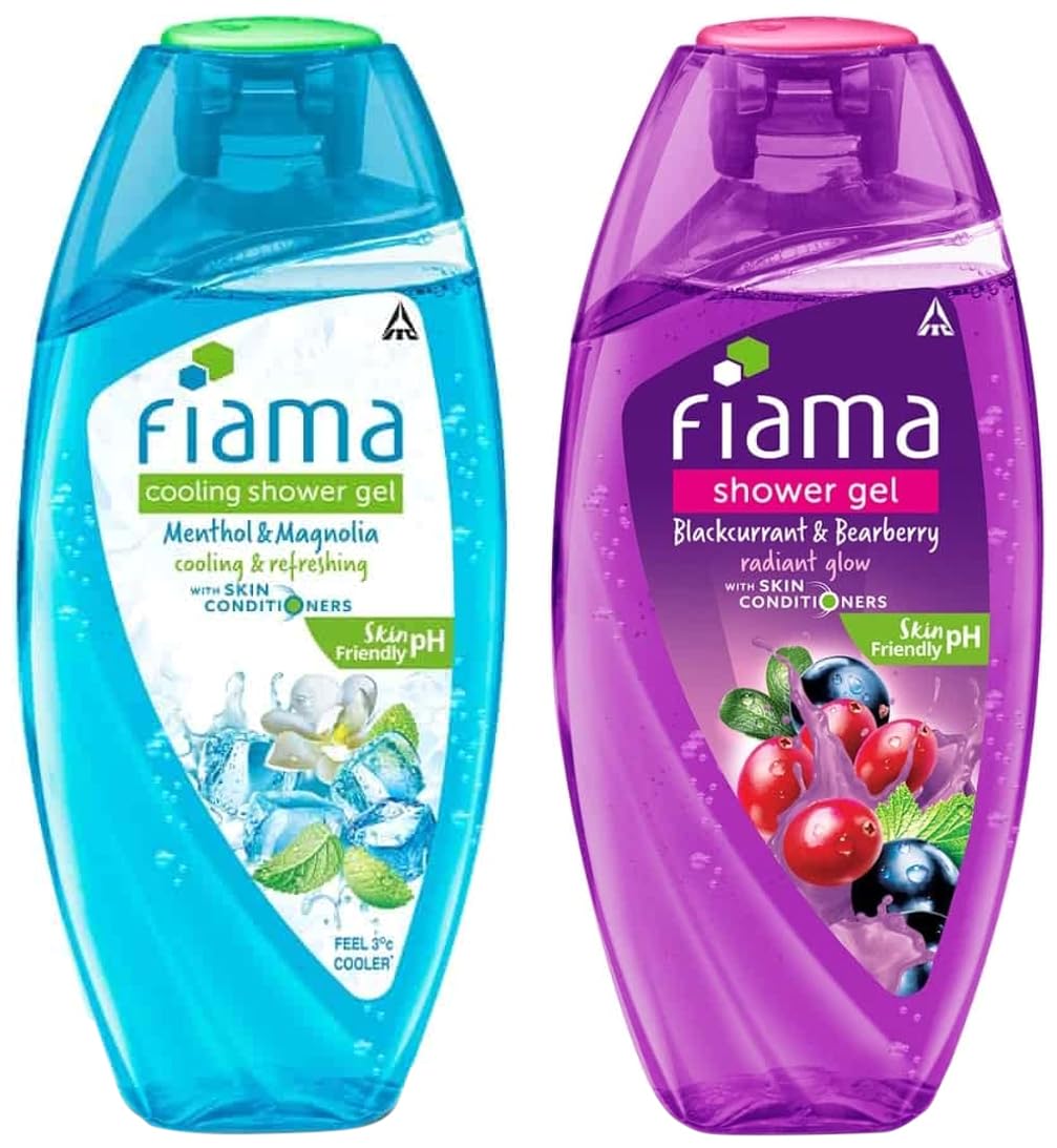 Fiama Cooling Shower Gel Menthol & Magnolia, 250ml Bottle & Fiama Shower Gel Blackcurrant & Bearberry Body Wash With Skin Conditioners, 250ml Bottle