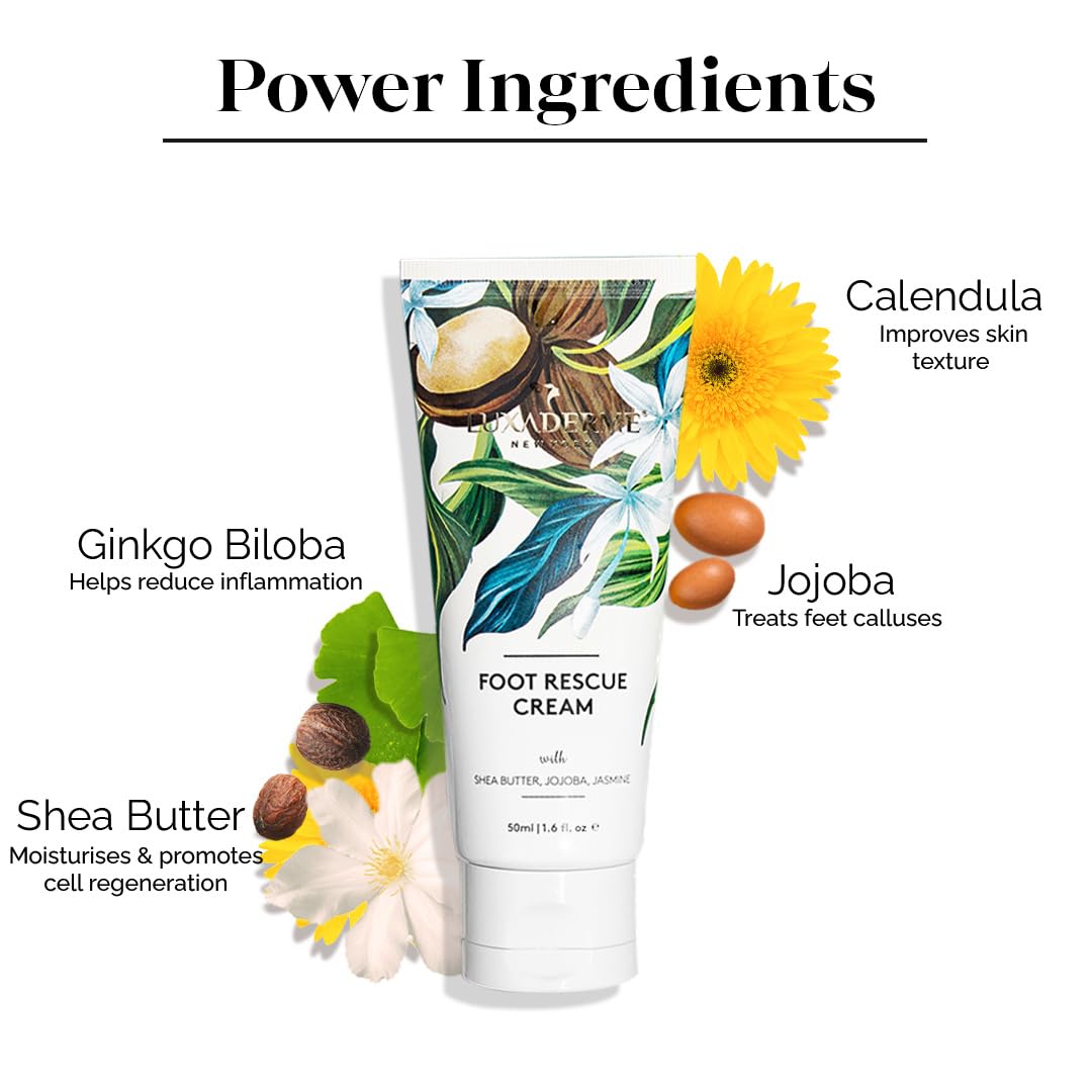 LuxaDerme Korean Foot Rescue Cream | Moisturizes and Soothes Cracked, Calloused, Dry Feet | Enriched with Shea Butter, Jojoba & Jasmine for Soft and Supple Skin from Heel to Toe | 50 ml