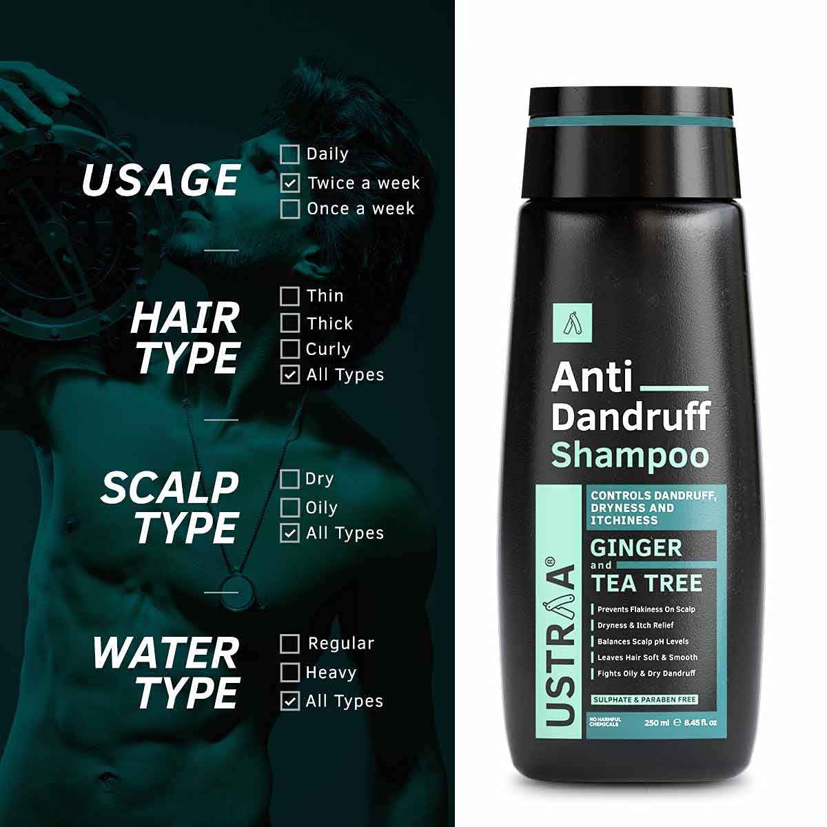 USTRAA Hair Growth Vitalizer 100ml – Clinically Tested | Hair Oil With Redensyl, Saw Palmetto, Vitamins & Anti-Dandruff Shampoo 250ml - With Climbazole, Ginger & Tea Tree Oil, No Sulphates