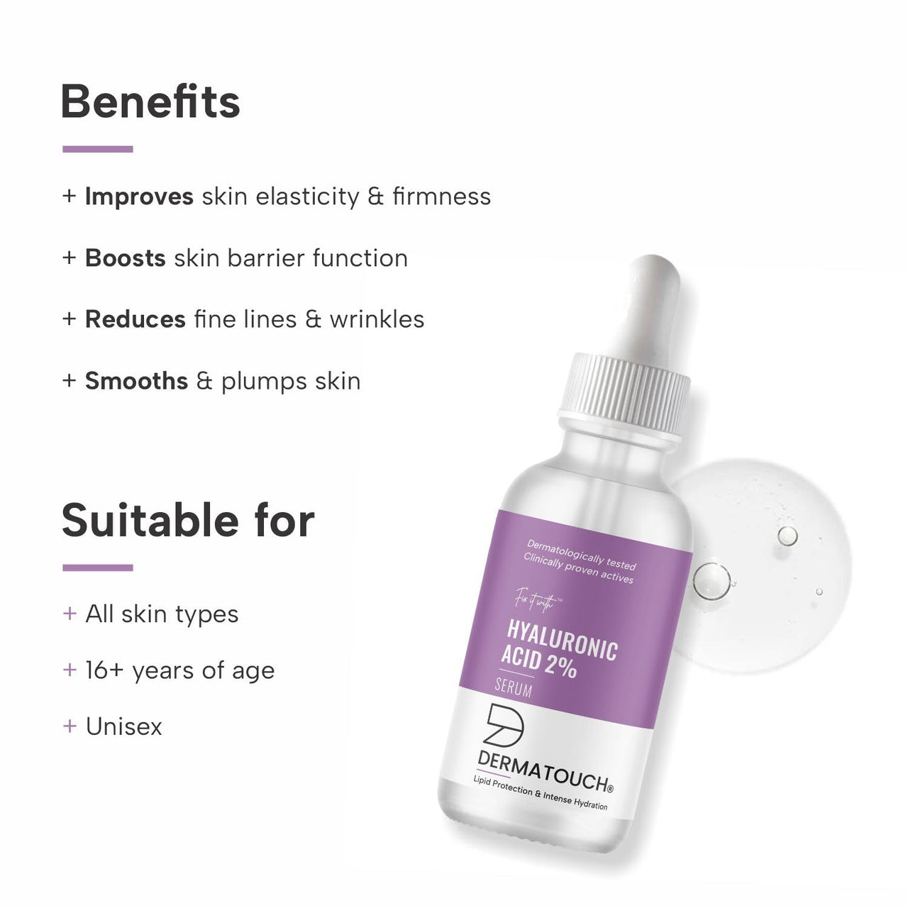 DERMATOUCH Hyaluronic Acid 2% Serum | For intense Hydration, Glowing Skin | Specially for Dry Skin | For both Men & Women | 30ml