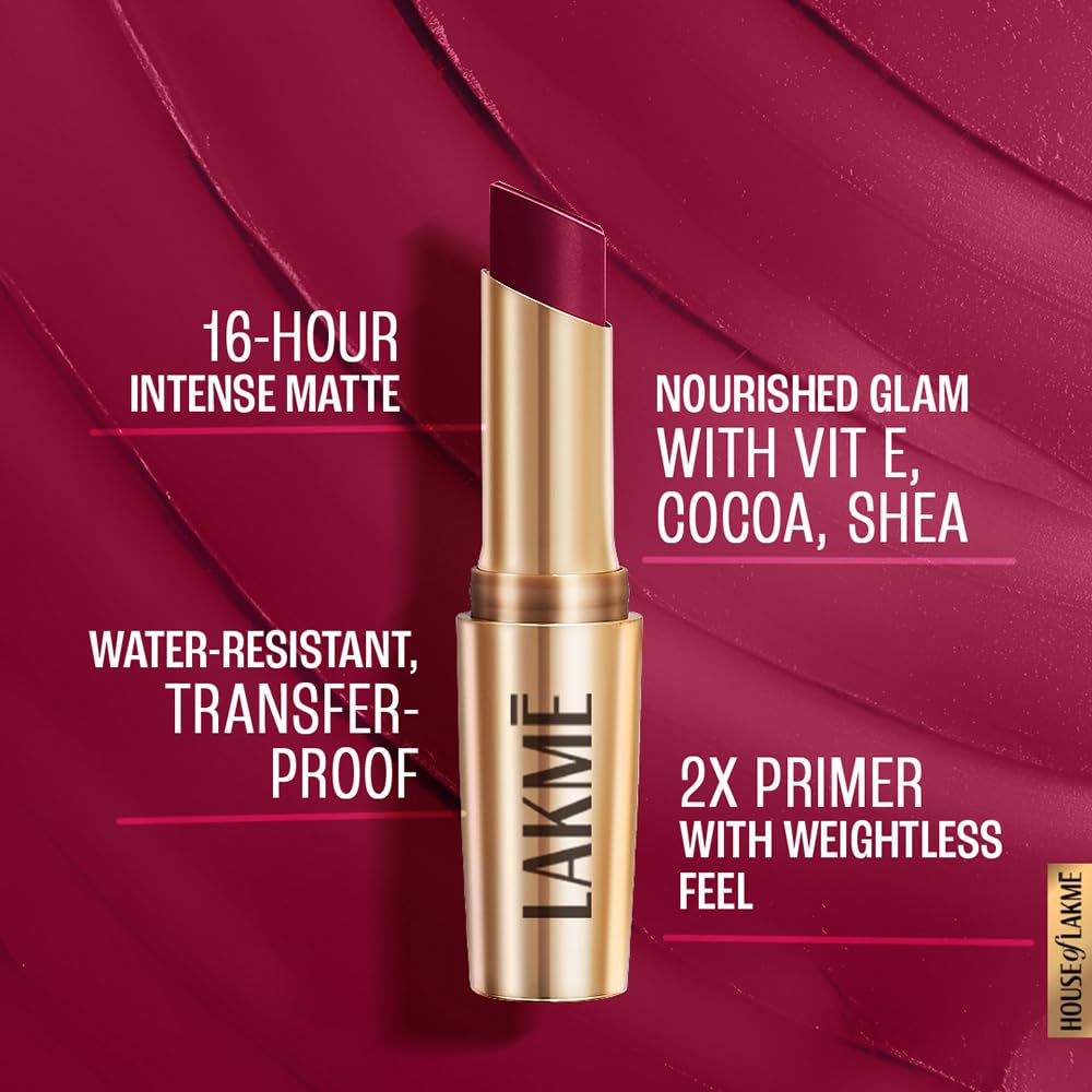 Lakmé 9 To 5 Primer + Matte Lipstick, Matte Finish, Lightweight Lipstick, Lasts For 16Hrs, Nourishes Lips & Great For Daily Use, Red Velvet, 3.6G