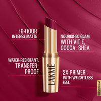 Lakmé 9 To 5 Primer + Matte Lipstick, Matte Finish, Lightweight Lipstick, Lasts For 16Hrs, Nourishes Lips & Great For Daily Use, Red Velvet, 3.6G