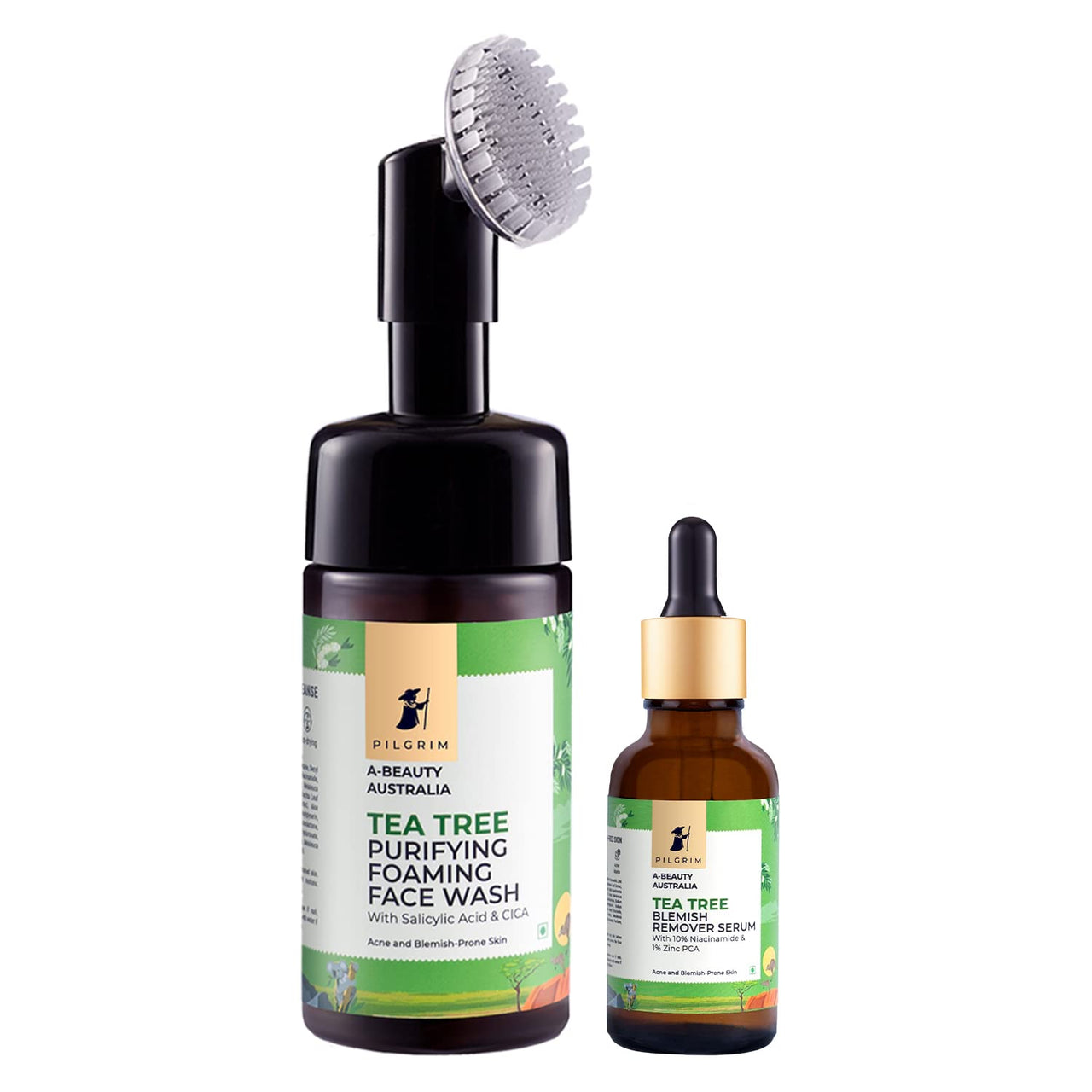 Pilgrim Tea Tree Anti-Acne Combo | Tea Tree & 1% Salicylic acid Foaming Face wash with brush 120ml, Tea Tree 10% Niacinamide Blemish Remover Serum 30ml | Acne and Blemish-Prone Skin | for Women & Men