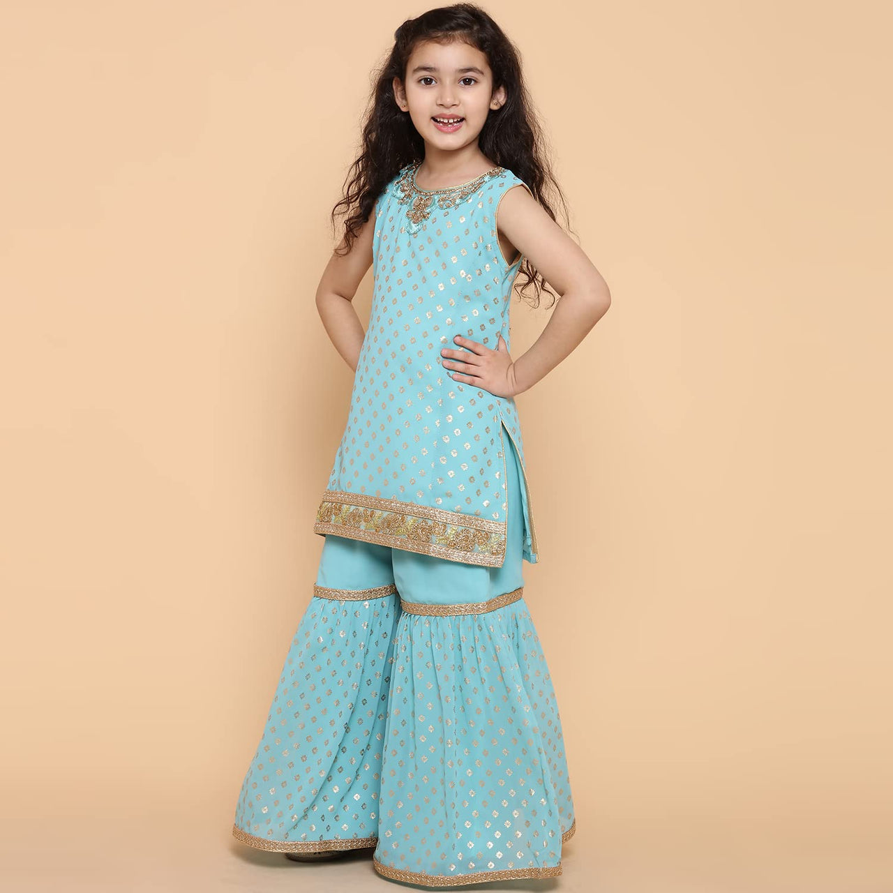 AJ DEZINES Kids Foil Print Sleeveless Kurta and Sharara Set For Girls 6 Years-7 Years