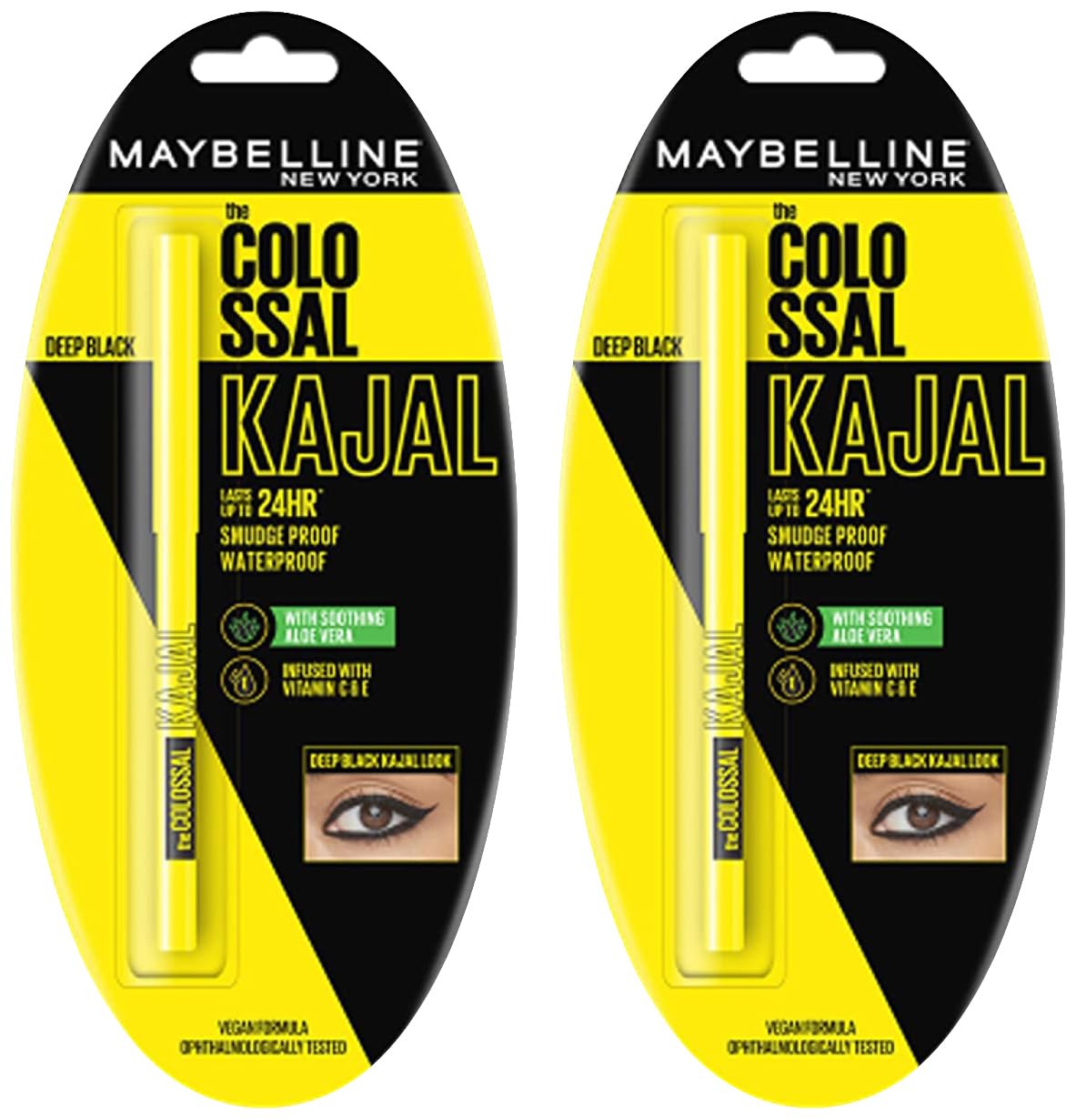 Maybelline New York Colossal Kajal, Intense Colour, Waterproof, Long lasting 24Hrs Stay, Black, 0.35g (Pack of 2)