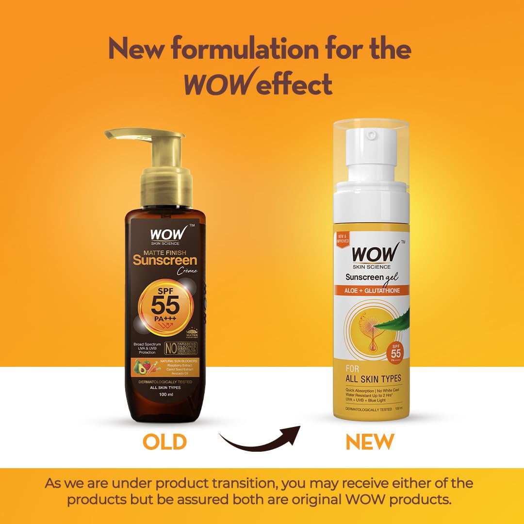 WOW Skin Science Sunscreen Gel For All Skin Types | SPF 55 PA++++ | With Glutathione & Aloe Vera Extract | Lightweight | Quick Absorbing | No White Cast | UVA & UVB Protection | 100 ml