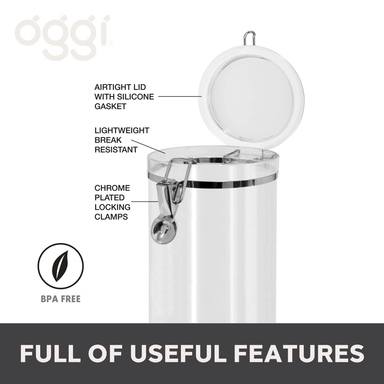 OGGI Medium-Sized Clear Canister with Clamp Lid, 59 oz - Large Airtight Food Storage Container, for Kitchen & Pantry Storage of Bulk, Dry Foods, Pasta, Flour, Sugar, Coffee, Rice, Tea, Spices & Herbs