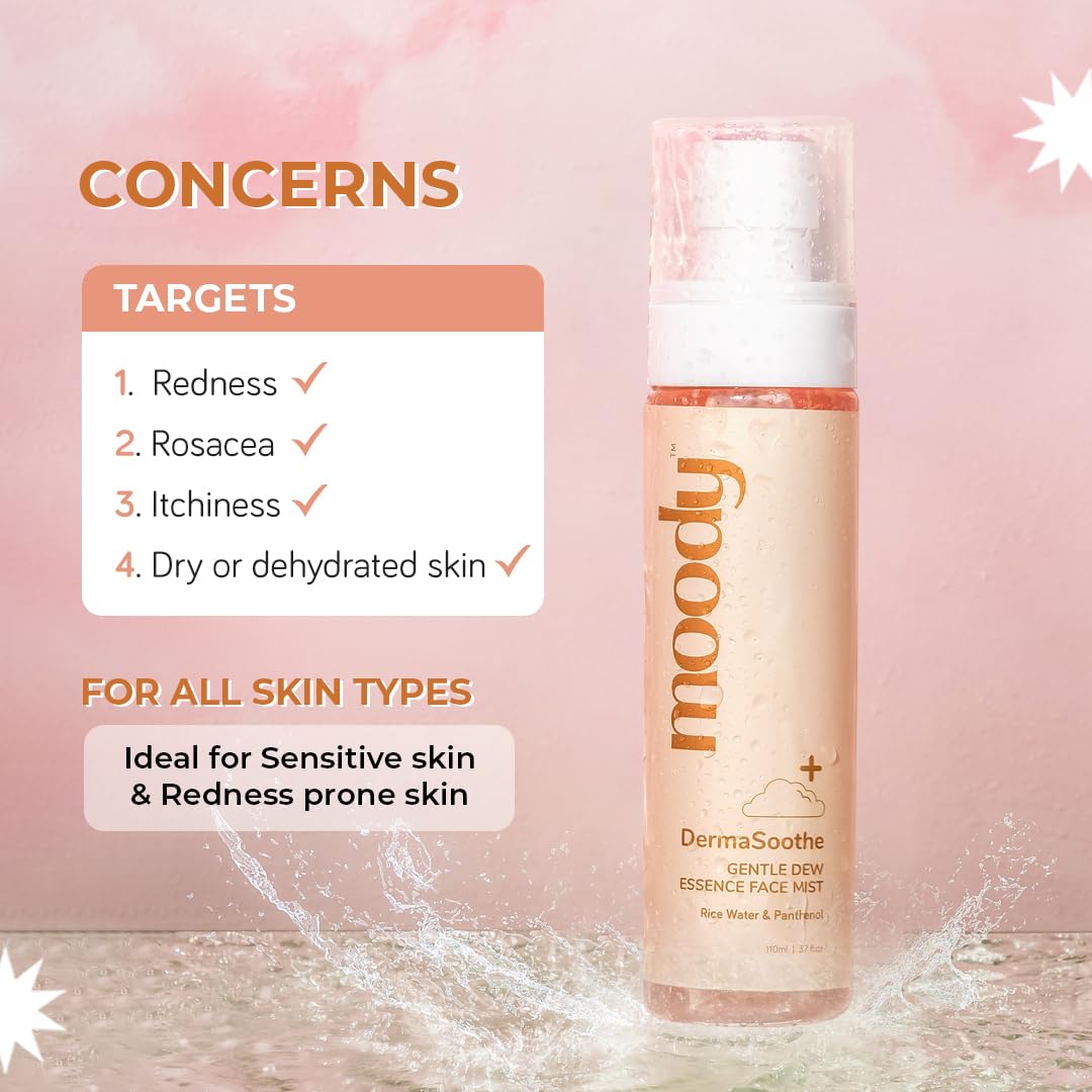 Moody DermaSoothe Brighening Face Mist & Essence Toner with Rice & Ceramides |Strenghten Skin Barrier | For Clear, Glass Korean Skin, Bright & Hydrated Skin | Alcohol-Free Toner |100% Vegan | 110ml