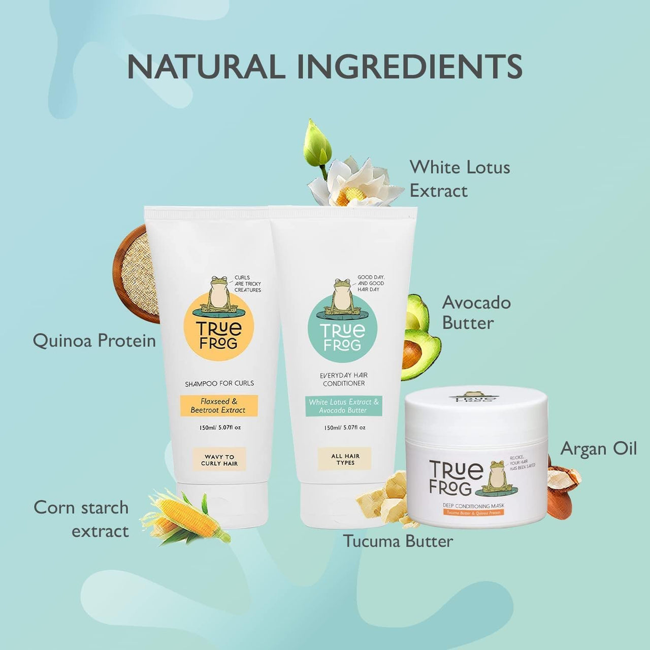 True Frog Shampoo For Curls (150 ml), Everyday Hair Conditioner (150 ml) & Deep Conditioning Mask (200 g) For Curly and Wavy hair to Repair and Rejuviante Curls - Combo Pack of 3