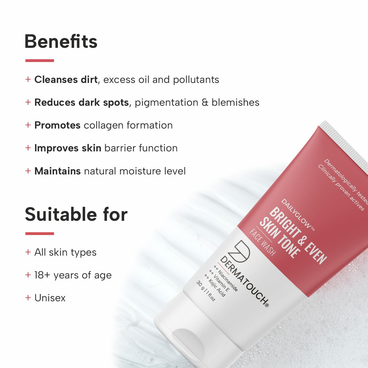 DERMATOUCH Bright & Even Tone Face Wash with Niacinamide, Vitamin E and Kojic Acid | Daily Gentle Face Wash For Tan, Pigmentation, Uneven Tone - 30G