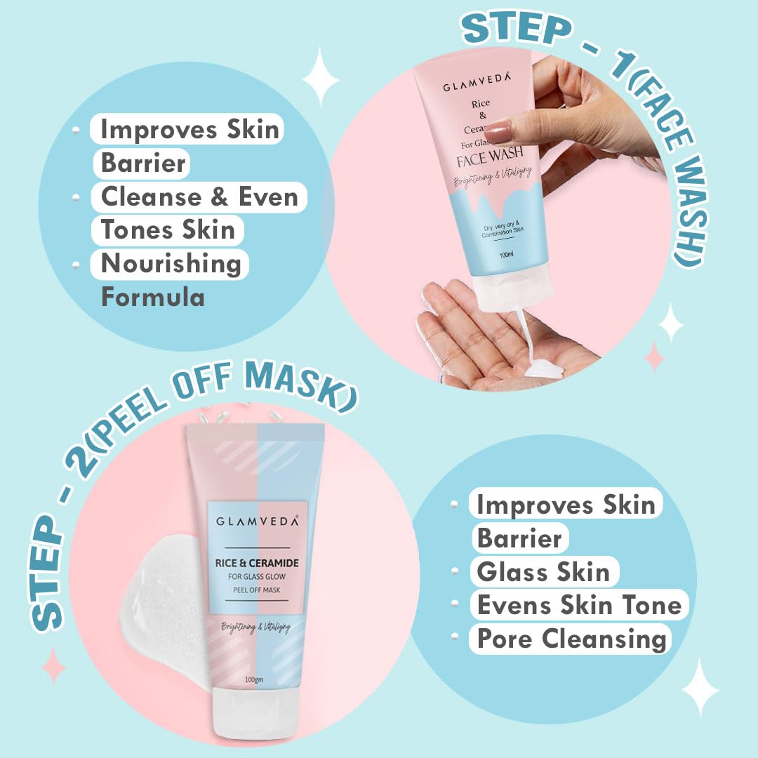 Glamveda Korean Rice & Ceramide 7 Step Weekly Skincare Routine For Women with Gift Box | Face wash, Peel Off Mask, Toner, Serum, Under eye cream, Moisturizer & Sunscreen