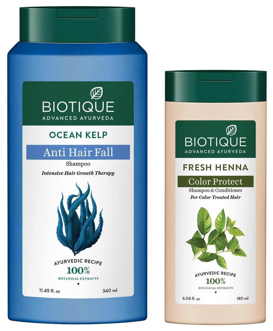 Biotique Bio Kelp Protein Shampoo for Falling Hair Intensive Hair Regrowth Treatment, 340ml And Biotique Bio Henna Leaf Fresh Texture Shampoo & Conditioner, 180 ml