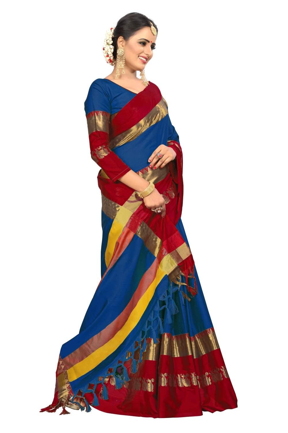 PAREVDEE Women's  Dobby Cotton Saree With Blouse Piece