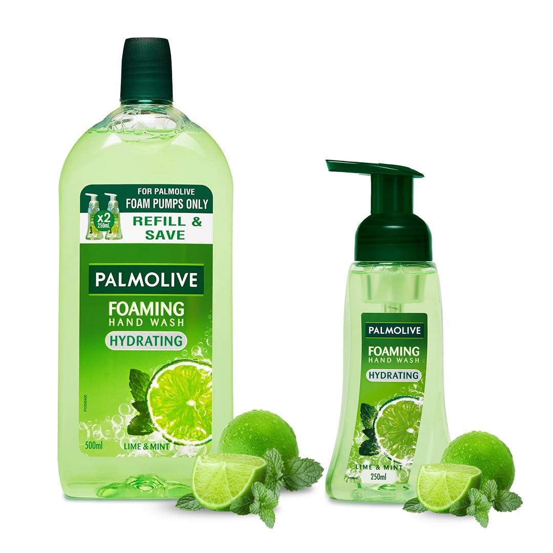 Palmolive Hydrating Foaming Lime & Mint Liquid Hand Wash, Dispenser Bottle (250ml) & Refill Bottle (500ml), Removes Germs, Refreshing Fragrance