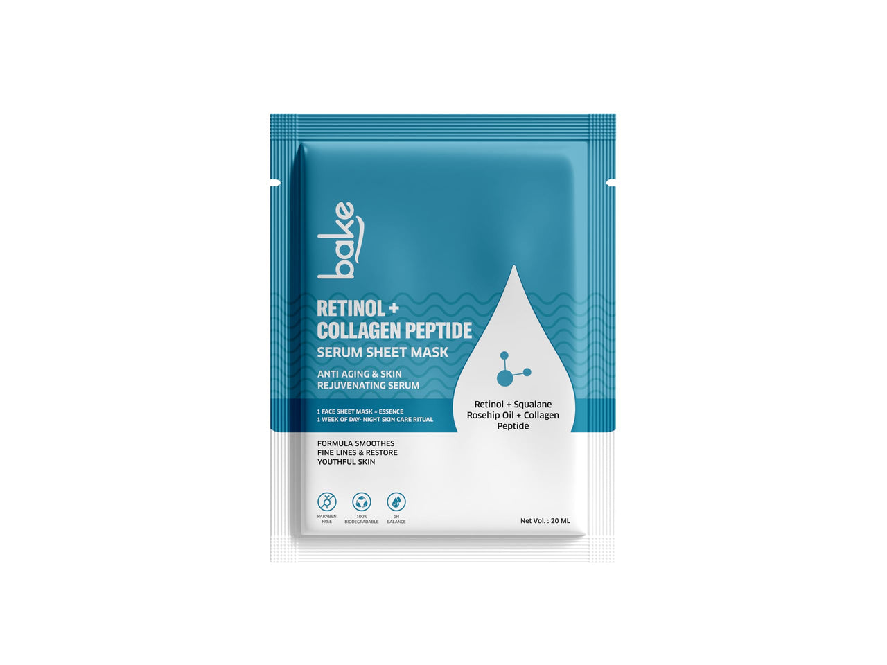 BAKE Retinol + Collagen Peptide Serum Sheet Mask for Anti Aging & Skin Rejuvenation | With Squalane, Rosehip Oil | Paraben Free, 100% Biodegradale Mask