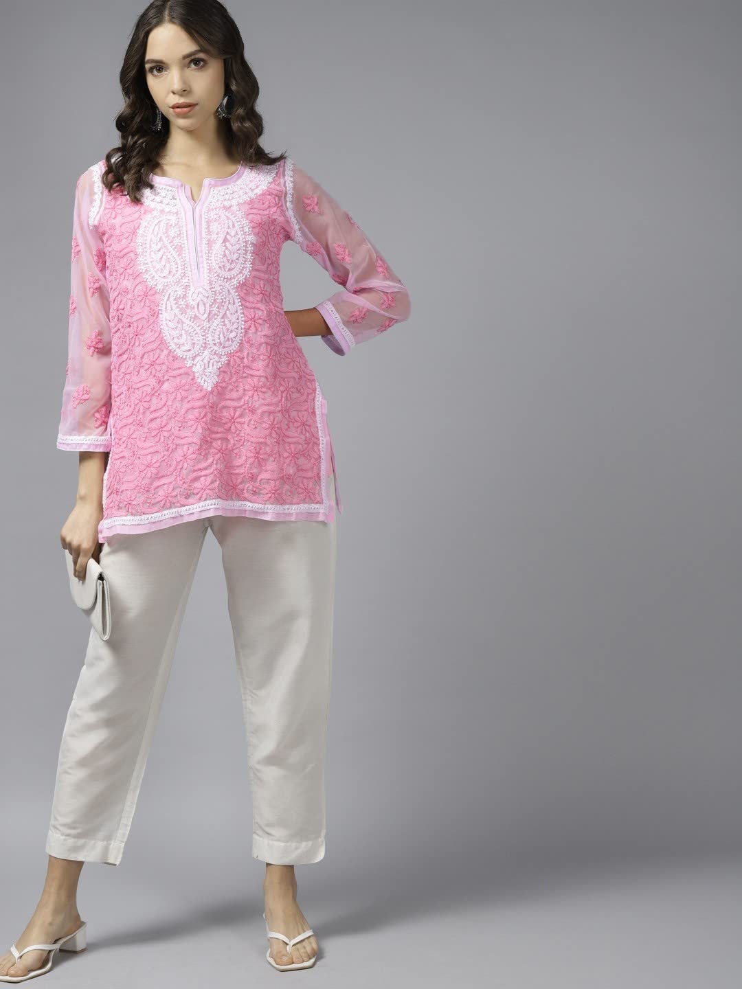 Ada Women's  Hand Embroidered Lucknowi Chikankari Georgette Short Top Kurti with Slip