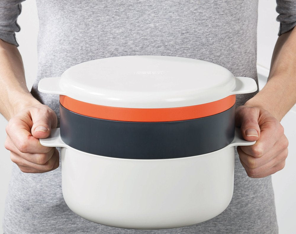 Joseph Joseph M-Cuisine Microwave 4-Piece Stackable Cooking Set, 2 liter cooking pot, steamer, griddle and lid, Orange/Beige